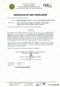 Certificate of GMP Compliance Issued by Food and Drug Administration-Philippines